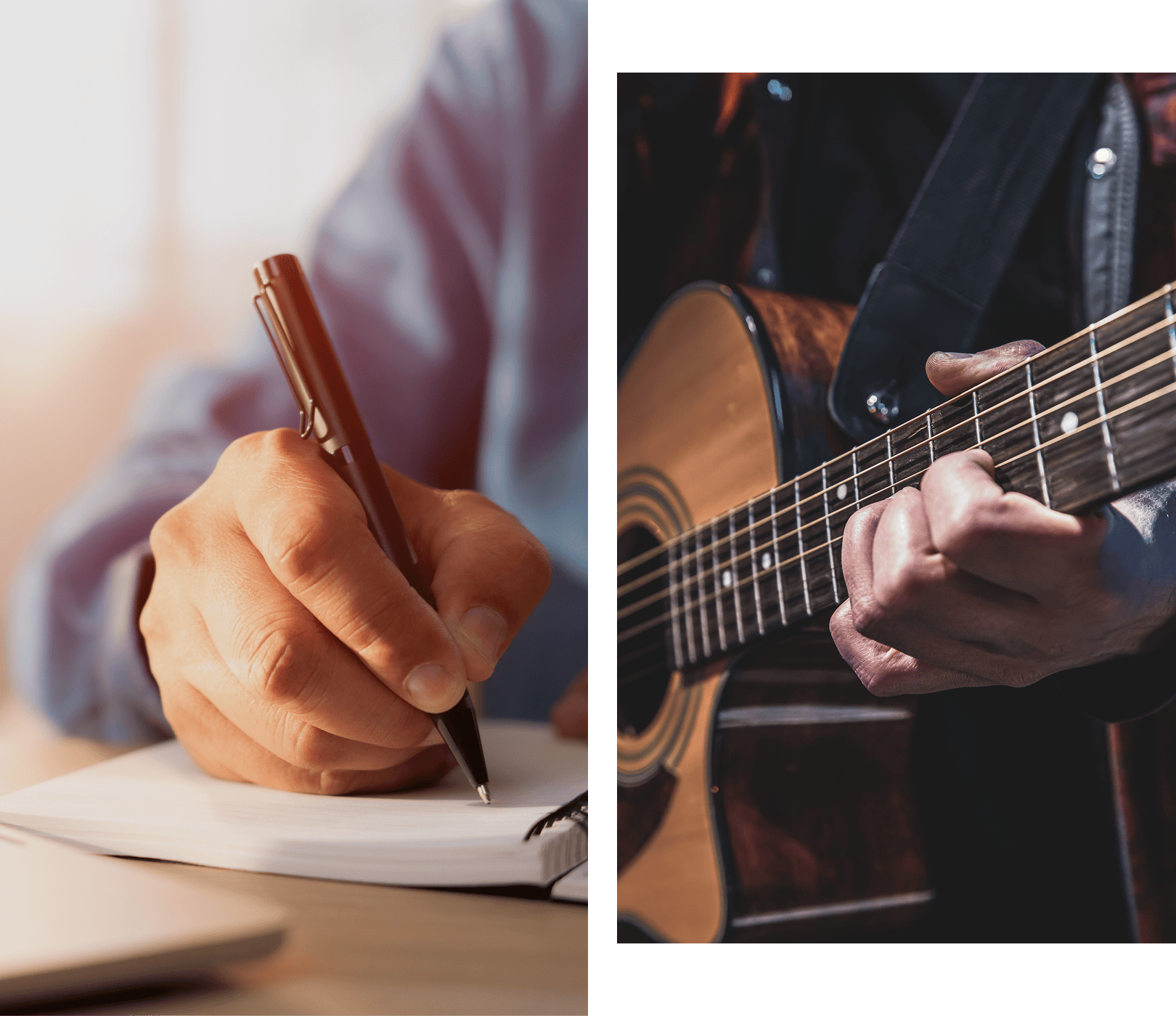Writing notes and playing acoustic guitar.