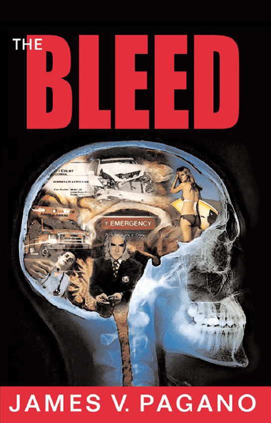 The Bleed" book cover with brain imagery.